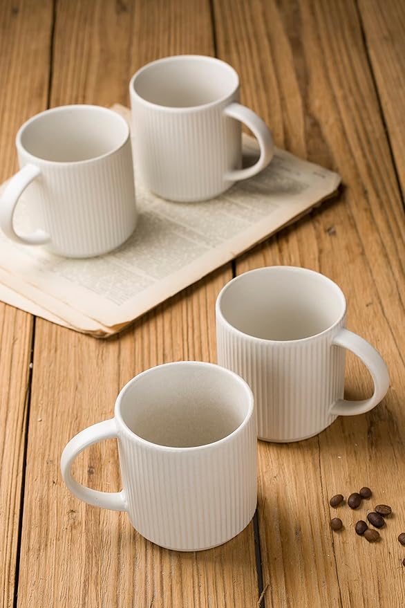 famiware Coffee Mug Set for 4, Star 12 oz Catering Mugs Cup Set with Handle for Coffee, Tea, Cocoa, Milk - Ceramic Stoneware Drinkware Set, Matte White