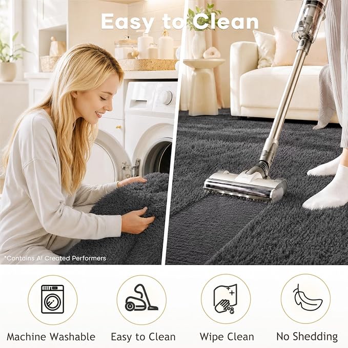 Ophanie Small Rug Upgrade Non Slip Throw Bedside Area Rugs, Fluffy Soft Grey - Image 6