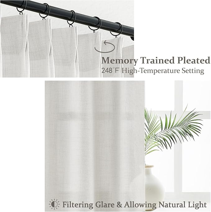 Pinch Pleat Beige White Light Filtering 60 Inch Wide Curtains 90 Inches Long - Image 3