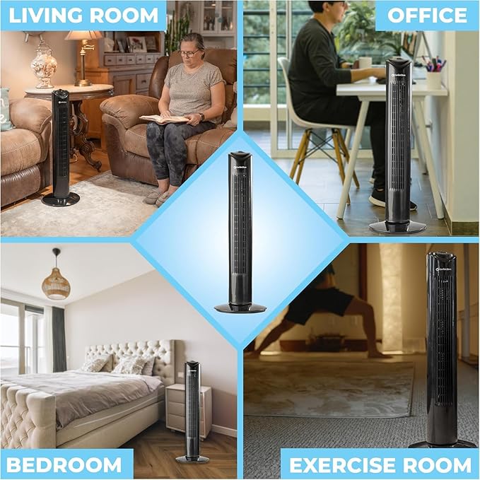 Comfort Zone 32-Inch Bladeless Tower Fan with 3 Speeds, 90° Oscillation, Portable Indoor Stand Fan with Built-In Carry Handle – Quiet Cooling for Bedroom, Black