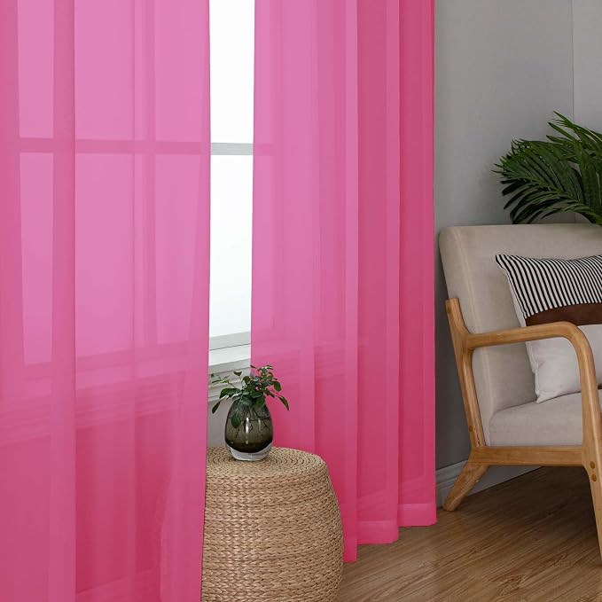 OWENIE Short Hot Pink Sheer Curtains 36 Inch Length 2 Panels Set, Kitchen Tiers - Image 3