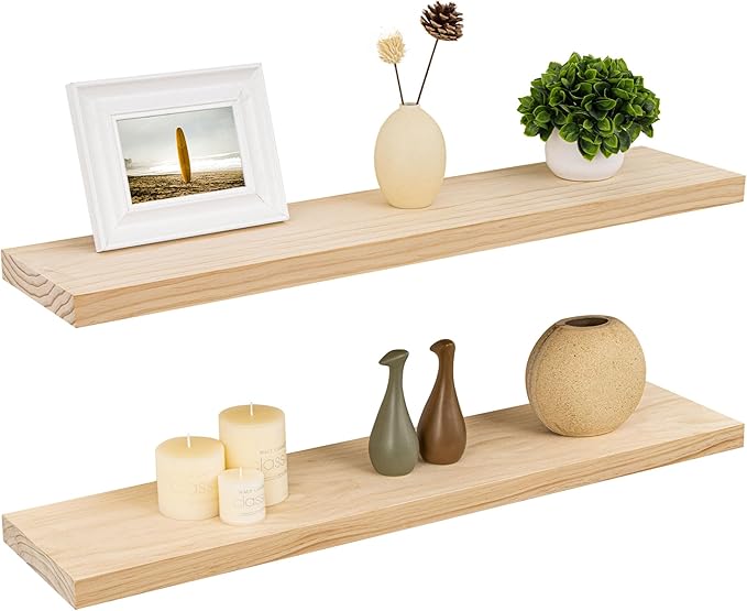 Fun Memories 36 Inch Floating Shelves for Wall, Deep Rustic Solid Pine Wood Wall Shelves for Storage - Farmhouse Wall Mounted with Heavy-Duty Metal Bracket, 36" W x 8" D, Set of 2,Unfinished