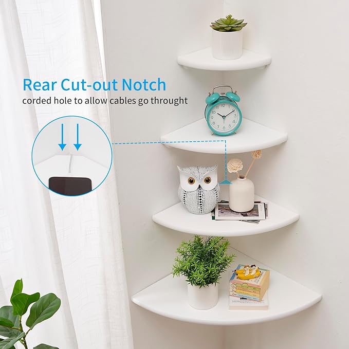 Corner Shelf, White Solid Oak Wood Floating Corner Shelves Wall Mount Round End Floating Speaker Rack for Small Plant Photo Frame (White, 8.6in)