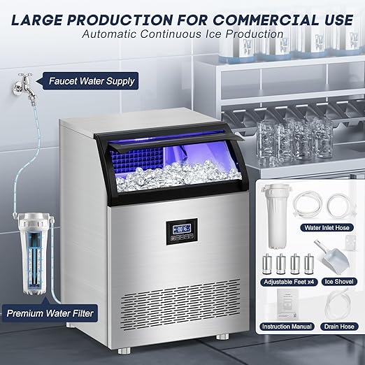 Commercial Ice Maker Machine 360LBS/24H with 80LBS Storage Bin, 126PCS Ice Cubes Ice Machine Stainless Steel Undercounter/Freestanding Ice Maker for Home Bar Outdoor, Self Cleaning