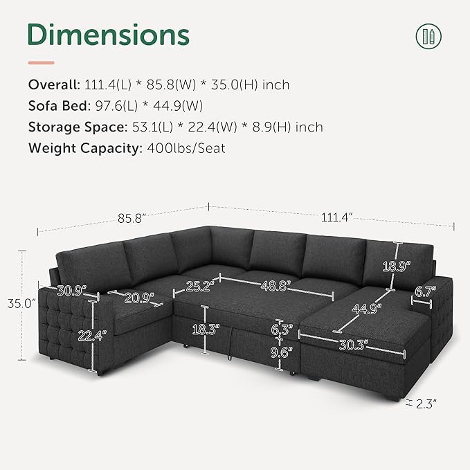 HONBAY Sectional Couch with Pull Out Bed, Sectional Sleeper Sofa with Storage, U Shape Couches for Living Room, Dark Grey