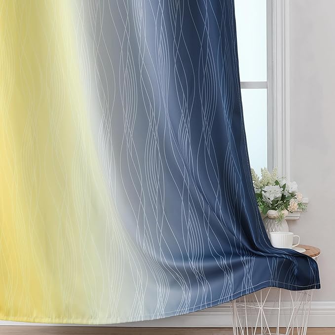 Estelar Textiler Navy Blue and Yellow Ombre Blackout Curtains 102 Inches Long - Image 6