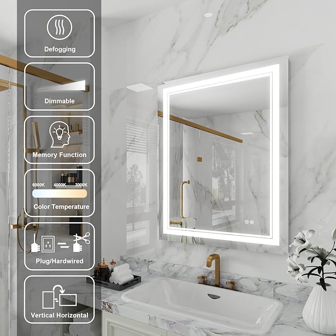 WELLFOR LED Bathroom Vanity Mirror 28 x 36 Inch, Lighted Anti-Fog Dimmable Mirror, IP44 Waterproof Wall Mounted Makeup Mirror, Packed with US Standard Plug and Touch Switch, (Horizontal/Vertical)