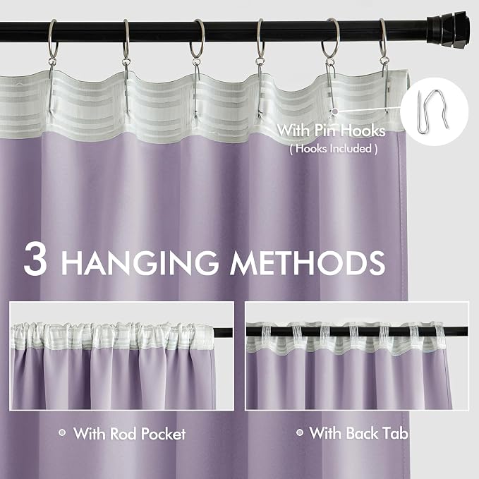 MIULEE Lilac Back Tab Blackout Curtains 52x120 Inch Long 2 Panels Set | Rod - Image 3
