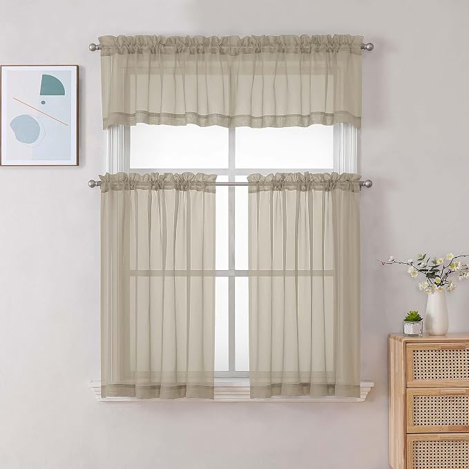 Gwine Taupe Sheer Curtains 30 Inch Length, Short Light Filtering Voile Small - Image 2
