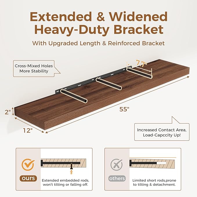 Floating Shelves 55 Inch Long, 12 Inch Deep Floating Shelves for Wall, Rustic Deep Wall Shelf for Fireplace Mantel, 55 x 12 Large Display Shelf for Living Room, Bedroom, Kitchen, Walnut Color, 1 Pack