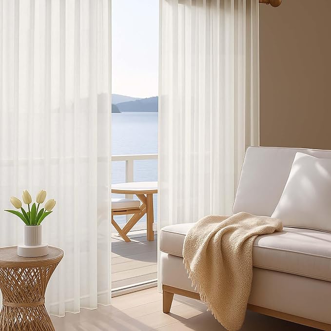 OWENIE Ivory Sheer Curtain 90 Inches Long 2 Panels Set, Solid Filmy Drapes - Image 5