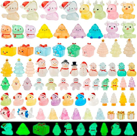 75 Pcs Miniature Christmas Figurines - Luminous Mini Resin Figures to Hide, Glow in The Dark Resin Animals for Micro Landscape Aquarium Fairy Garden Dollhouse Decor