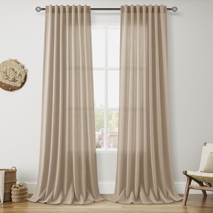 Sepia Beige Linen Curtains 112 Inches Long by Nanspring