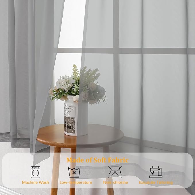 Gwine Light Grey Sheer Curtains 96 Inches Long 2 Panels, Elegant Window - Image 7