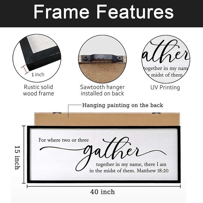 For Where Two or Three Gather in My Name, There I am in the Midst of Them Bible Verse Framed Wall Art, 40''×15'' Rustic Religious Christian Matthew 18:20 Sign, Inspirational Catholic Scripture Decor
