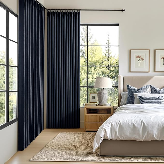 MIULEE Navy Blue Pinch Pleated 100% Blackout Linen Curtains 40x63 Inches | Room - Image 2
