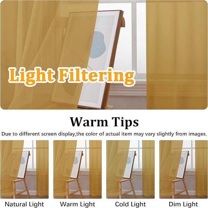 Gwine Gold Sheer Curtains 84 Inches Long 2 Panels Set - Image 5