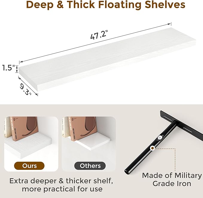 48 Inch Floating Shelves White, Rustic Wood Floating Shelf Wall Mounted, 9 Inch Deep Floating Shelf for Kitchen, Bedroom, 48 x 9 Wall Shelves for Home Storage, Set of 1