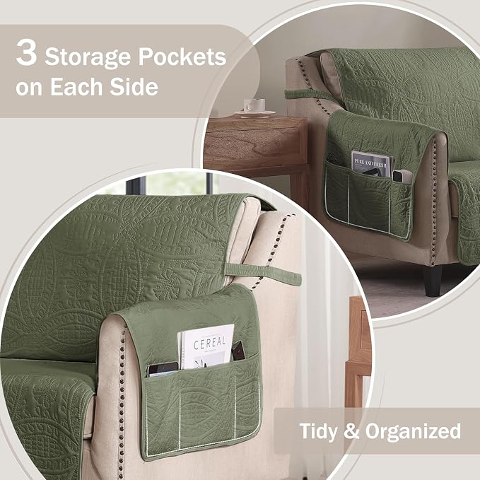 Green Quilted Recliner Covers, Water-Repellent Recliner Slipcovers, Recliner - Image 4
