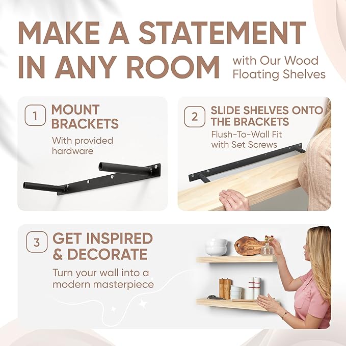 Homeforia 24 inch Natural Floating Shelf, High End Solid Real Wood 24inch Small Floating Shelves for Wall Mounted, Natural Wooden Floating Shelves, Heavy Duty Bracket, 24 X 6.5 X 1.75 in, Set of 4