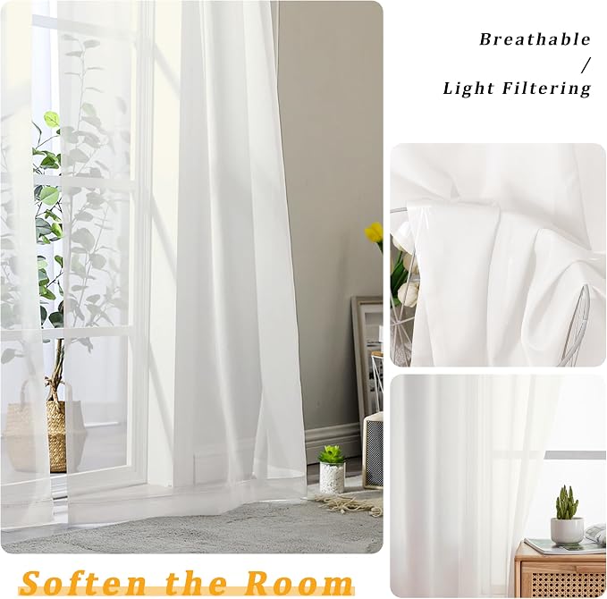 Gwine Ivory Sheer Curtains 90 Inches Long 2 Panels Set, Light Filtering Solid - Image 3