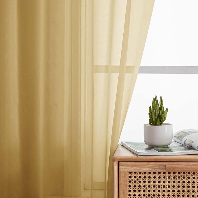Sheer Gold Curtains for Bedroom Living Room 90 Inches Long 2 Panels Set - Image 3