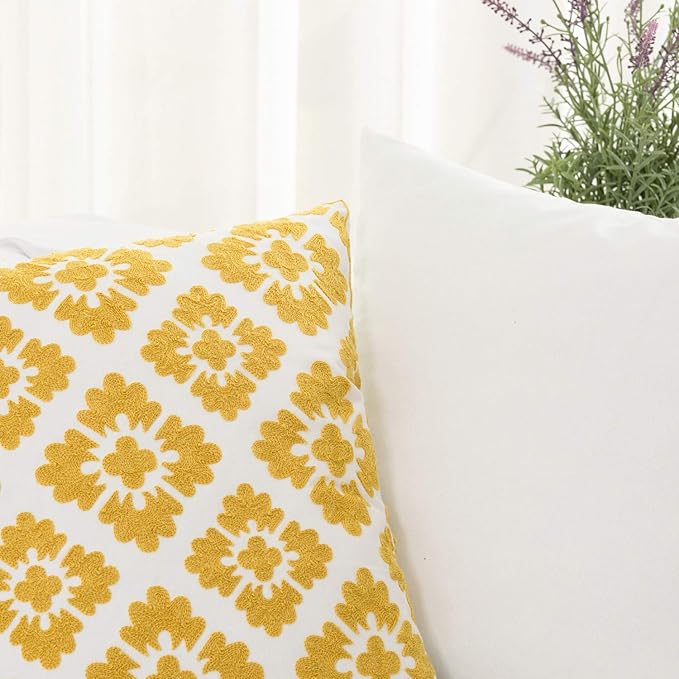 HWY 50 Mustard Yellow Decorative Throw Pillow Covers 18x18 Inch, Pack of 2 Embroidered Cotton Farmhouse Cushion Cover Pillow Case for Sofa Couch Living Room Bed Bedroon, Geometric Diamond Floral