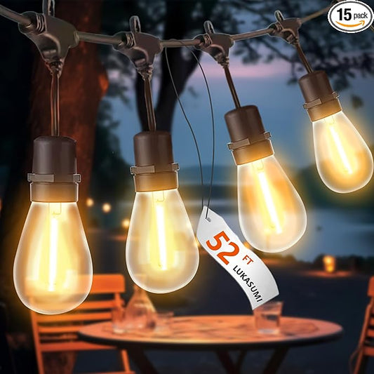 52 Ft LED Outdoor String Lights, Connectable Patio Hanging Light with 15Pcs Waterproof Vintage Edison Bulbs for Backyard Light, Bistro Lights Camping Outdoor Lighting