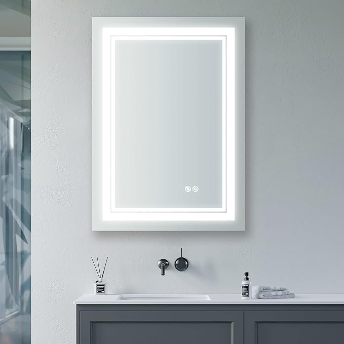 WELLFOR LED Bathroom Vanity Mirror 24 x 32 Inch, Lighted Anti-Fog Dimmable Mirror, IP44 Waterproof Wall Mounted Makeup Mirror, Packed with US Standard Plug and Touch Switch, (Horizontal/Vertical)