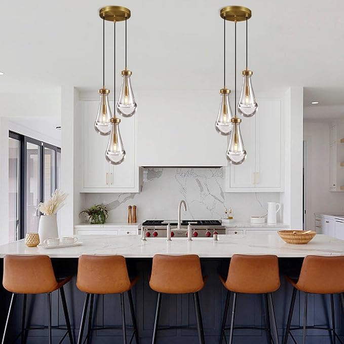 Brass 3 Light Pendant Lighting for Kitchen Island, Raindrop Cluster Pendant Light Fixture, Adjustable Hanging Rope Glass Chandelier Dining Room Light Fixture Ceiling Lamp for Foyer Hallway