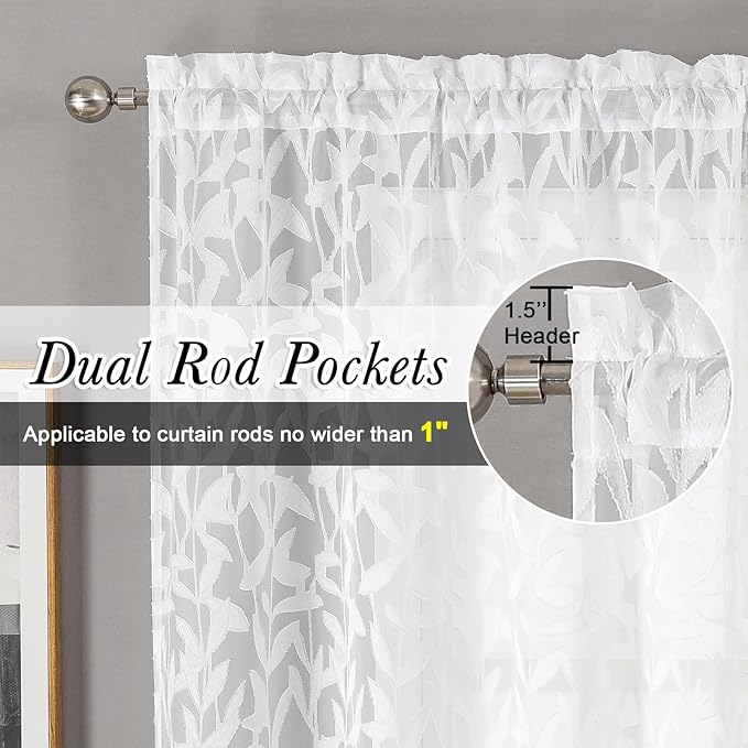 Lecloud Leia White Sheer Curtains 90 Inches Long 2 Panels, Breathable Jacquard - Image 2