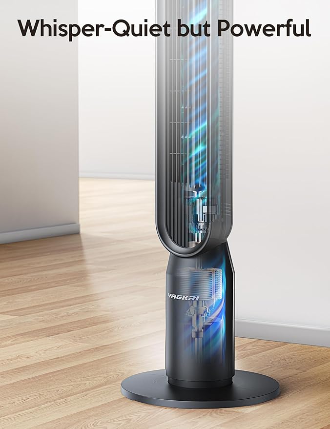 VAGKRI 42 Inch Tower Fan for Bedroom, Bladeless Quiet Floor Fan with 135° Vertical 90° Oscillation Fans for Indoors use, 4 Speeds, 4 Modes, 15H Timers Standing Fans with Remote Black