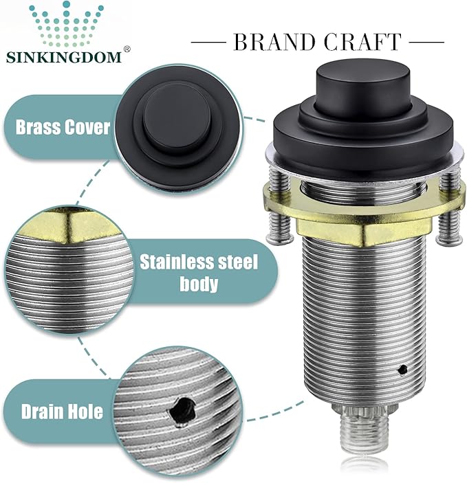 SinkTop Air Switch Kit (Long Full Brass Button) for Garbage Disposal, Cordless Matte Black