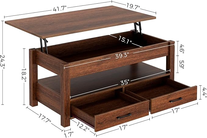 Rolanstar Coffee Table, Lift Top Coffee Table with Drawers and Hidden Compartment, Retro Central Table with Wooden Lift Tabletop, for Living Room,Espresso