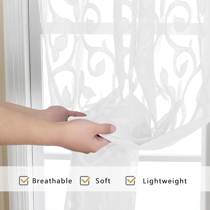 Furman Sheer White Curtains 45 Inch Length 2 Panels Set, Airy Jacquard Clip - Image 5