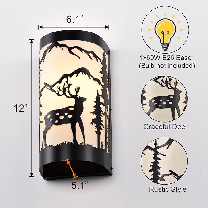 Black Wall Sconces Set of Two,Deer Metal Cream Parchment Rustic Wall Sconces,Farmhouse Indoor Wall Light Fixtures,Industrial Matte Sconce Light,Wall Lamps for Bedroom,Living Room,Hallway