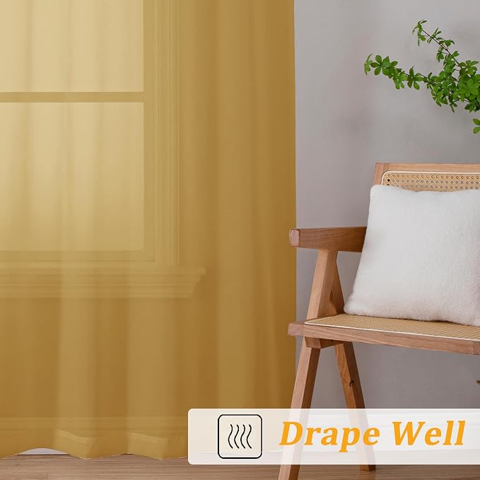 Gwine Gold Sheer Curtains for Bedroom 54 inches Long 2 Panels, Light Filtering - Image 6