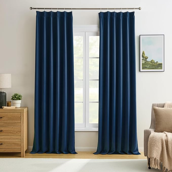 Navy Pinch Pleated Curtains & Drapes 90 Inches Long by KEQIAOSUOCAI