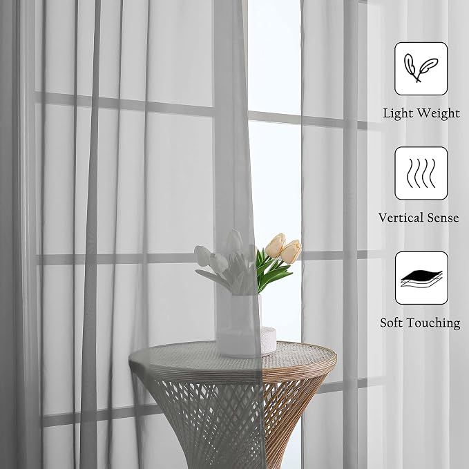 Charcoal Grey Sheer Curtains 120 Inches Long 2 Pcs, Light Filtering Rod Pockets - Image 2