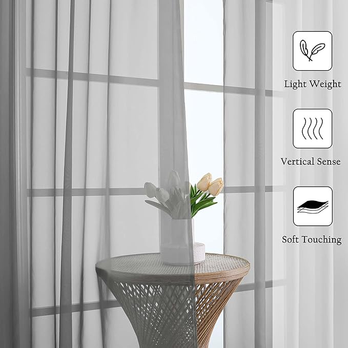 Charcoal Grey Sheer Curtains for Living Room 96 Inches Long 2 Pcs, Airy Solid - Image 2