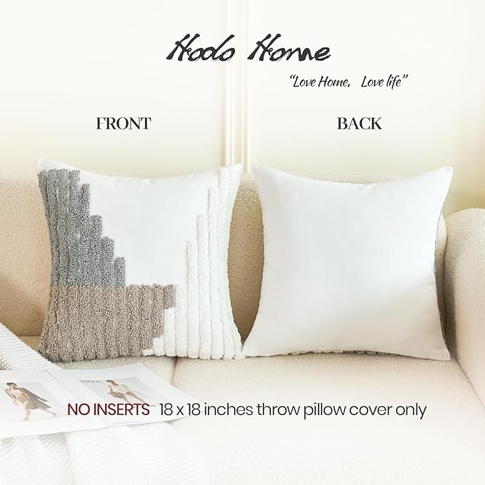 HOdo Home 18x18 Throw Pillow Covers, 2PCS Tufted Boho Jacquard Pillow Covers,Farmhouse Decorative Pillow Cover,Pillow Cases for Couch Sofa Bed Stylish Decor, Simple Textured Cushion Sham