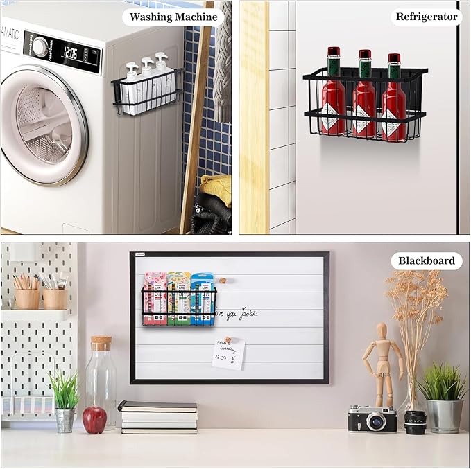 Magnetic Storage Basket, Black Magnetic Towel Basket with Strong Magnet for Kitchen Laundry Room Office School Organization and Home Dryer Ball Storage, 11.02"x3.15"x5.91"