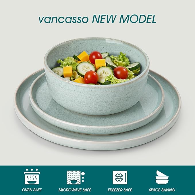 vancasso ANYA 18 Pieces Plates and Bowls Set, Mint Green Dinnerware Sets, Reactive Glaze Dishes Set for 6, Ceramic Dishware Sets Kitchen Dinner Set, Microwave & Dishwasher Safe