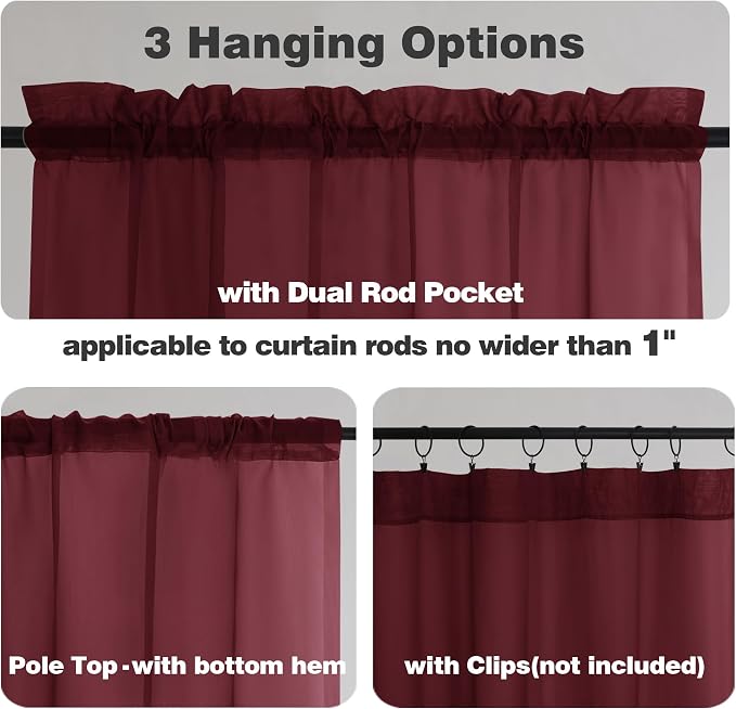 Chyhomenyc Burgundy Sheer Curtains 84 Inches Long 2 Panels | Light Filtering - Image 7