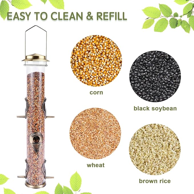 MIXXIDEA 2PK Metal Wild Bird Feeder Squirrel Proof Bird Feeders for Outside Hanging 6 Port Tube Bird Feeder Transparent Finch Feeder with Steel Hanger (Bronze)
