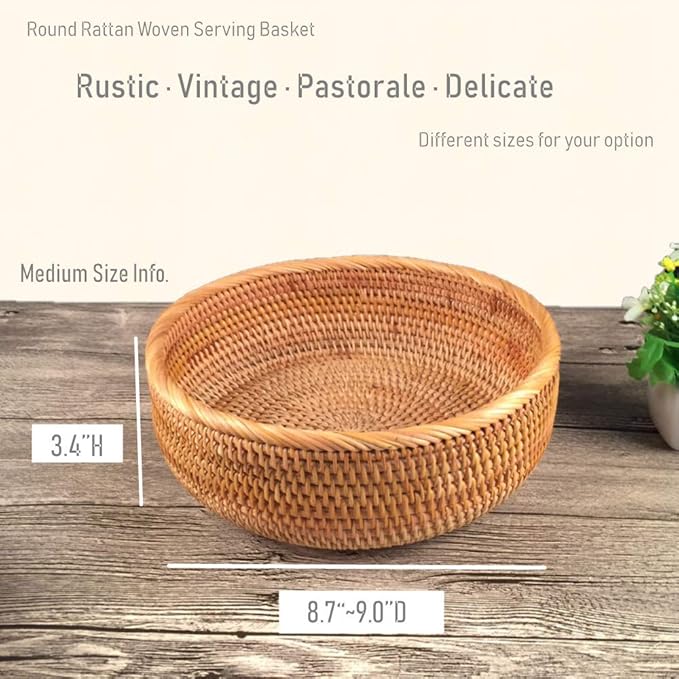 Hadewoven Round Rattan Fruit Basket Wicker Food Tray Weaving Storage Holder Dinning Room Bowl, 9 Inch Woven Bread Basket Key Bowls with 3.5”Wall for Table, Countertop (Medium 8.66")