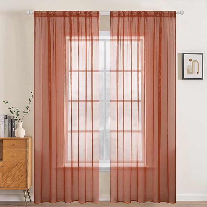 MIULEE Fall Burnt Orange Sheer Curtains 54 X 84 Inches, 2 Panels | Solid Color by MIULEE