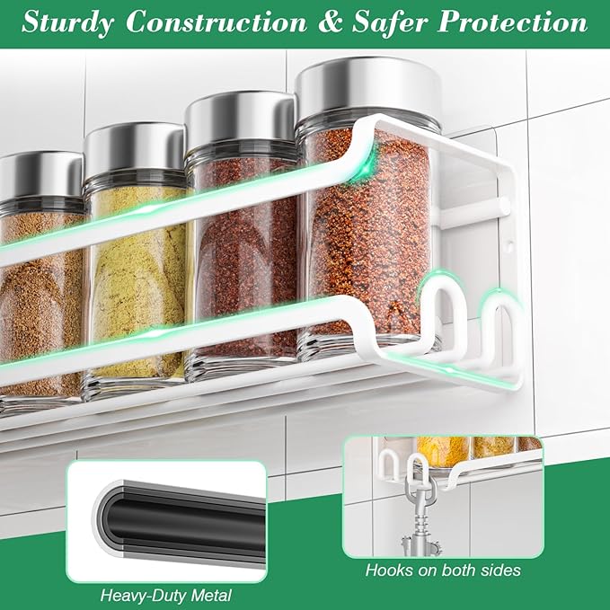 LUCYCAZ 8 Pack Wall Mounted Spice Rack with 16 Hooks, Spice Organizer Shelf for Stove Cabinet Pantry Door,Screw or Adhesive Spice Shelf Hanging Wall Spice Rack in Kitchen and RV (White, 8 PACK)
