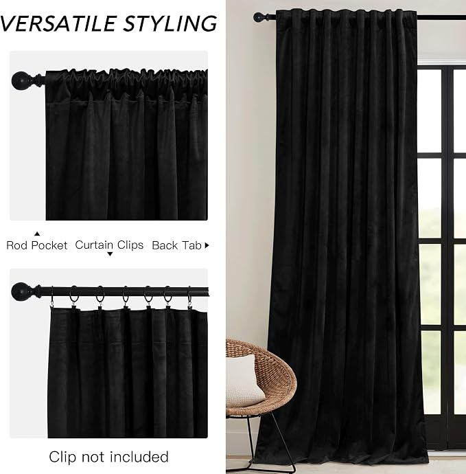 RYB HOME Black Velvet Curtains 102 inches - Image 3