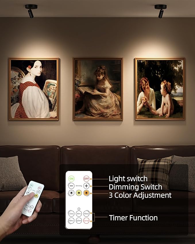 EZVALO Wireless LED Spotlights Indoor, 5500mAh Rechargeable Battery Powered Plants Spotlights Indoor, Dimmable & Timer, 3 CCT Small Up Lights with Remote, Accent Uplighting for Artwork,Tree(Black)
